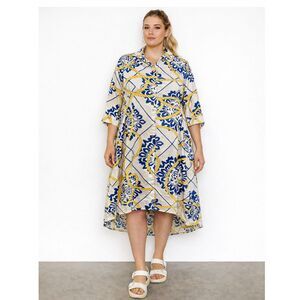 Vintage EVERLILY Blue Yellow Linen Button Up Hi Low Maxi Dress  Women's Size XL